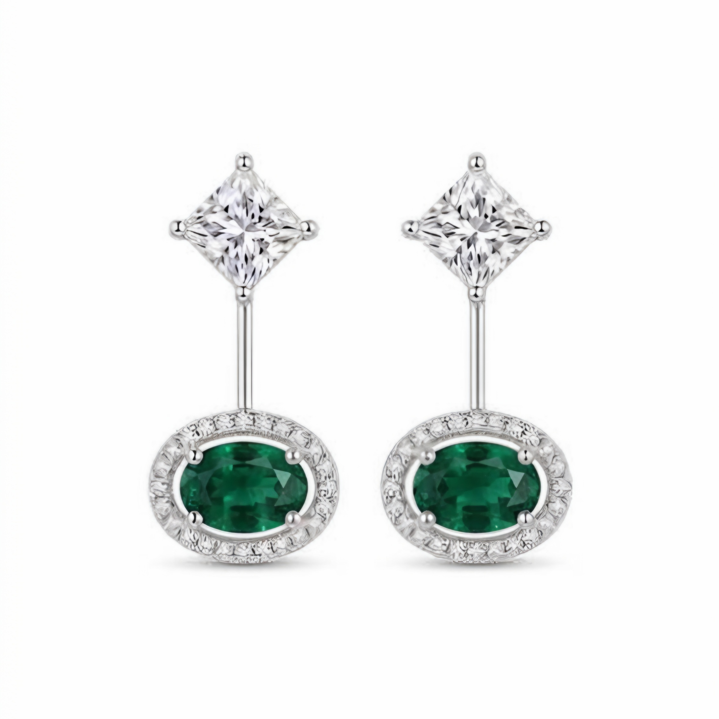 Front view of royal double-halo sapphire ear jacket earrings